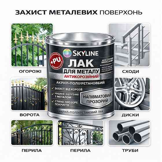Лак для металу Skyline напівматовий прозорий акрил-поліуретановий антикорозійний без запаху 10 л Харків