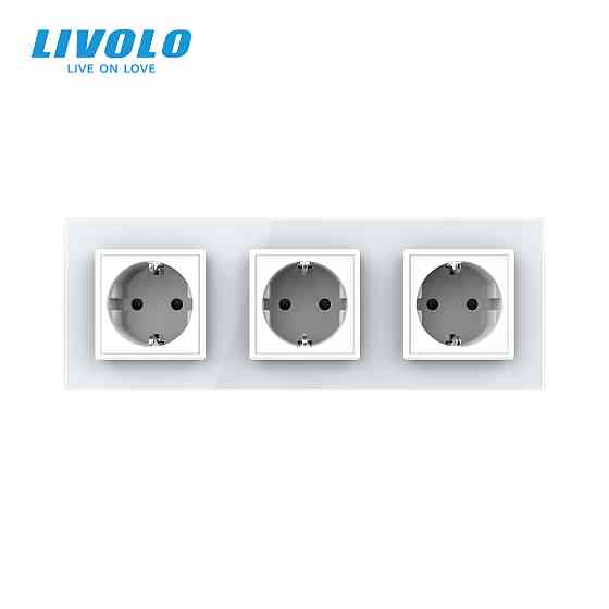 LIVOLO Потрійна електрична розетка з заземленням LIVOLO, біла, скляна рамка, шторки, 250В 16А ( Коломия