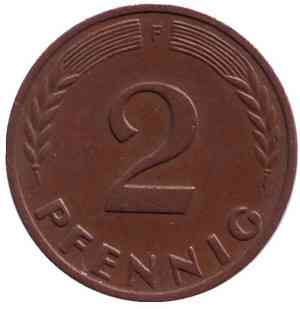 Дубовые листья. Монета 2 пфеннига. 1948-89 год (F), ФРГ..(Г) Полтава