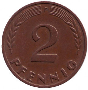 Дубове листя. Монета 2 пфеннига. 1948-89 рік (F), ФРН..(Р) Полтава - фото 1