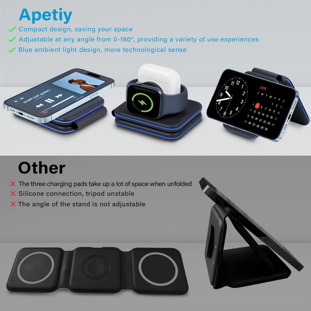 Складана зарядна станція 3в1 Apetiy, MagSafe, для iPhone, Apple Watch, AirPods, 18W адаптер, чорна Київ - фото 6