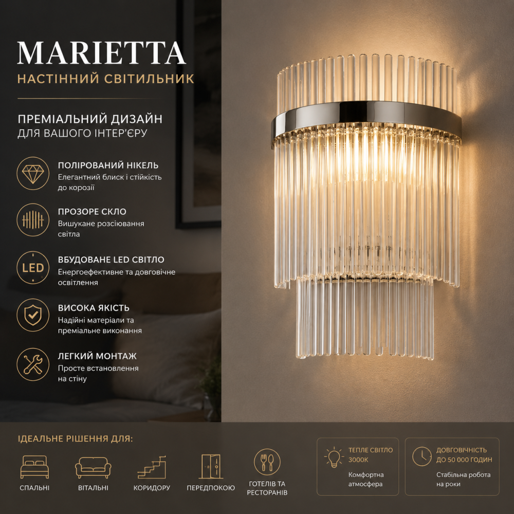 Настінний світильник Marietta: полірований нікель та прозоре скло, преміальний LED-дизайн для спальні та вітальні Київ - фото 8