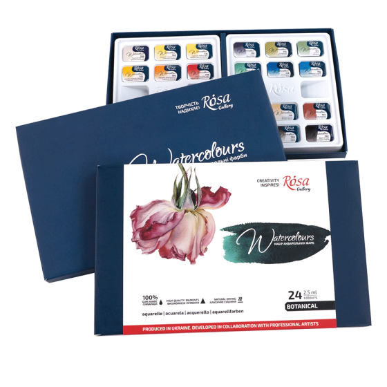 Набір акварельних фарб BOTANICAL картонний пенал 24кол. х 2,5мл кювета ROSA Gallery Київ