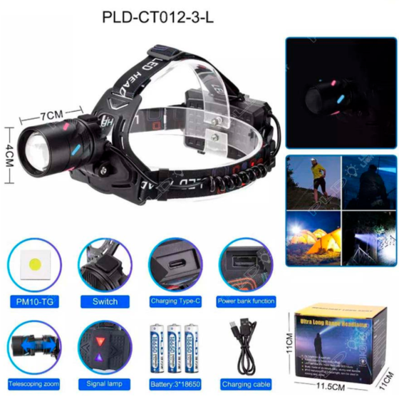 Налобний ліхтар Bailong CT012-3L-TG, 3x18650, 1 режим, power bank, ЗП Type-C, zoom Дніпро