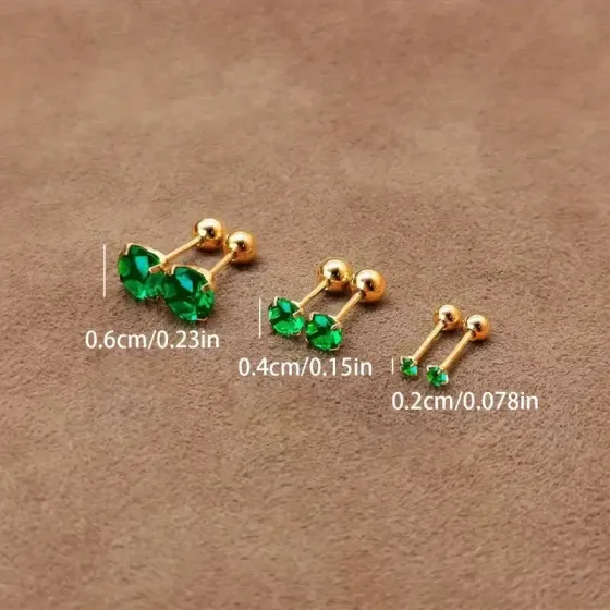 Набор сережек-гвоздиков с зеленым цирконием — 3 пары, золотистый цвет, разные размеры Киев