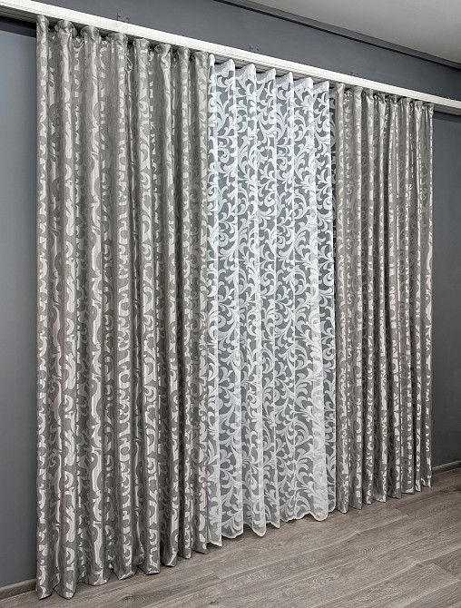 Комплект штор VR-Textil Жакард Вензель 150х270 2шт і Тюль 400х270 293ш-1147т Сірий з білим 71-098/3 Київ - фото 3