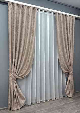 Комплект штор VR-Textil Лен Мрамор 150х270 2шт и Тюль 400х270 1715ш-1276т Светло-пудровый с белым 71-011/3 Киев