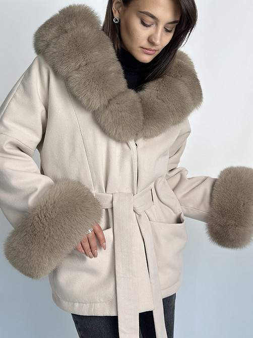 Пончо пальто жіноче з хутром капюшон і манжети Бежевий 46/48 Харків - фото 10