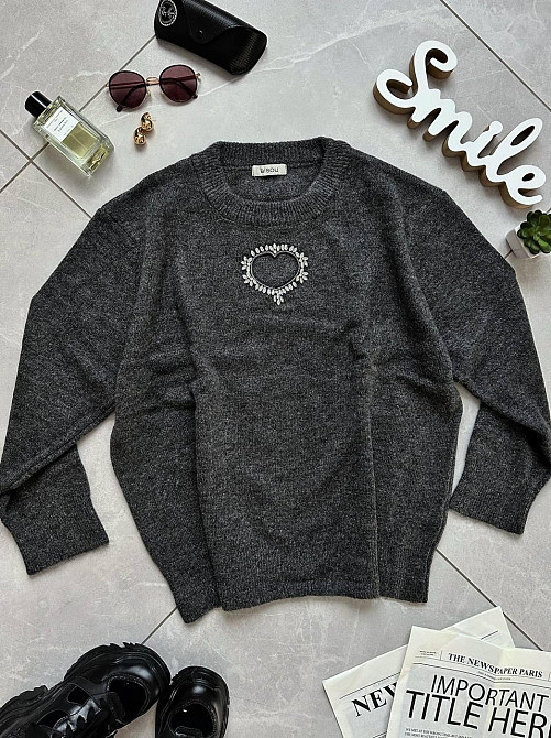 Женский свитер универсального размера с вырезом в виде сердца машинная вязка Антрацит Одесса - изображение 1