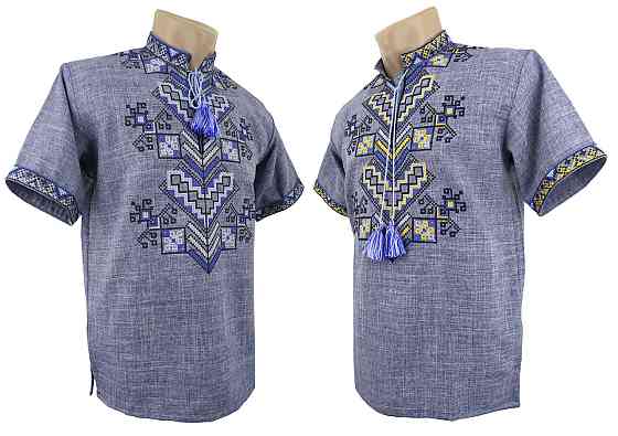 Чоловіча вишиванка на короткий рукав в джинсовому кольорі «Дерево життя» Київ