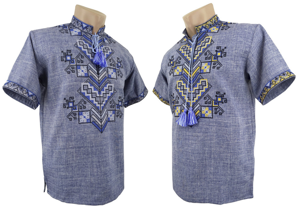 Чоловіча вишиванка на короткий рукав в джинсовому кольорі «Дерево життя» Київ - фото 1