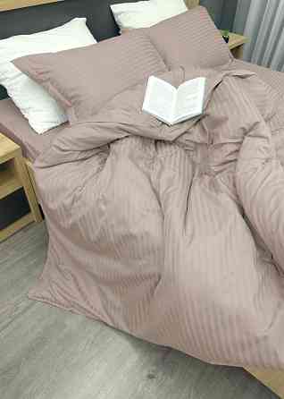 Комплект постільної білизни Страйп-сатин Євро 200х230 з простирадлом на резинці Сіро-бежевий (88-184) Київ