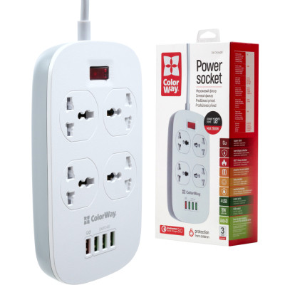 Мережевий фільтр живлення ColorWay 4 розетки/4USB White 1.8м (1QC3.0 + 3 AUTO ID) (CW-CHU44QW) Вінниця - фото 12