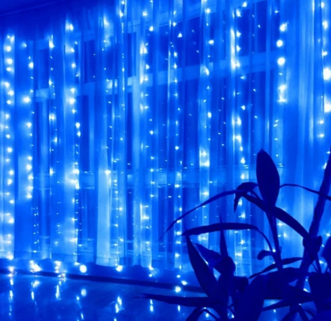 Гірлянда штора завіса Водоспад 3х3 м 280 LED велика лампа 3D (білий шнур, з перехідником) Синя Вінниця - фото 3