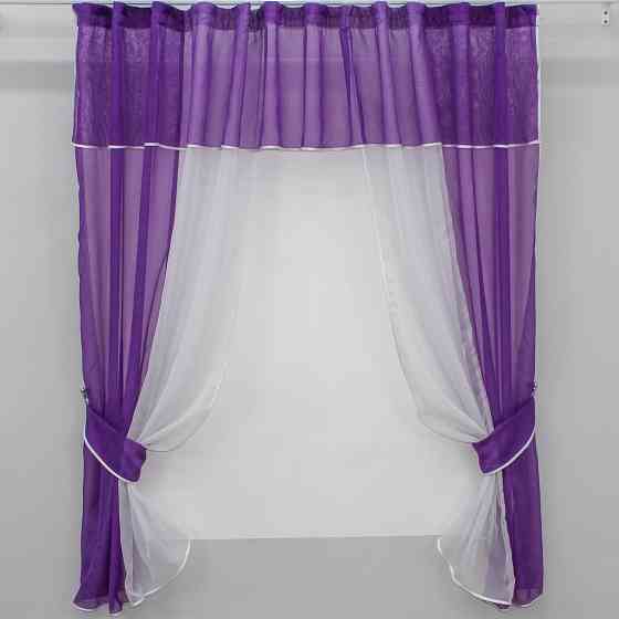 Кухонные шторы VR-Textil № 090к с ламбрекеном и подвязками фиолетовый с белым 280х170 см (50-760) Киев