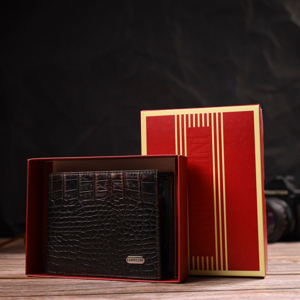 Фактурный мужской кошелек без застежки горизонтального формата из натуральной кожи с тиснением под крокодила CANPELLINI 21759 Киев - изображение 10
