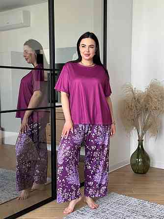 Піжама жіноча штани та футболка великого розміру PLUS SIZE з квітковим принтом домашній комплект для дому та сну фіолетова 4XL Одеса