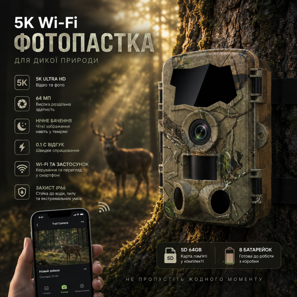 Фотопастка Камера дикої природи Lutranstra 5K Wi-Fi 64 МП, нічне бачення, 0.1 с, IP66, TrailCam Go, SD 64 ГБ + 8 батарейок Київ - фото 9