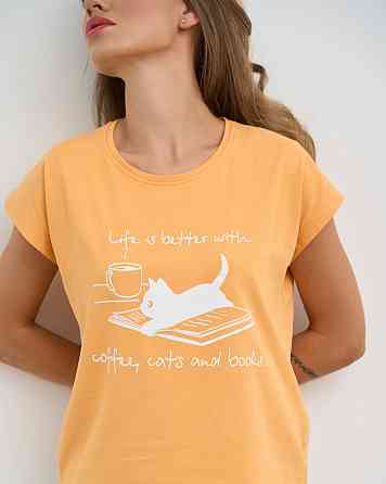 Женская пижама комплект с шортиками в клетку - Кофе, котики и книги Nicoletta 60244 XL, Желтый Киев