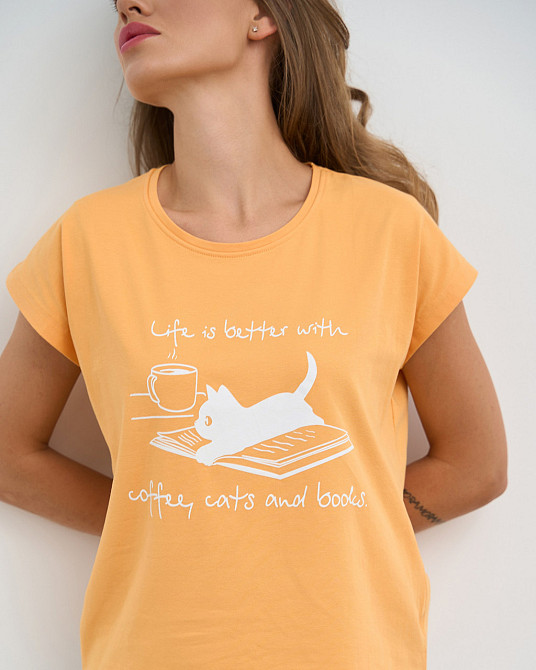 Женская пижама комплект с шортиками в клетку - Кофе, котики и книги Nicoletta 60244 XL, Желтый Киев - изображение 5