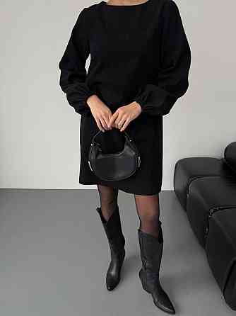 Женское базовое платье свободного кроя с объемными рукавчиками микровельвет Черный, 42/44 Одесса