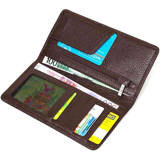 Вертикальний вузький чоловічий гаманець із натуральної зернистої шкіри BOND 22052 Коричневий Київ