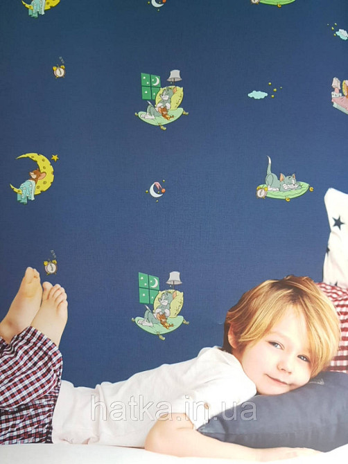 Обои виниловые на флизелине AdaWall Ada Kids метровые детские Том и Джерри сюжеты на ярко синем Киев - изображение 1