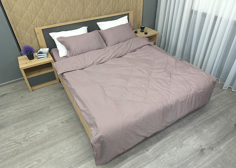 Комплект постільної білизни Страйп-сатин Сімейний з простирадлом на резинці 180х200х25, 2 підковдри 150х200, 2 наволочки 70х70 Лілово-сірий (88-227) Київ - фото 3