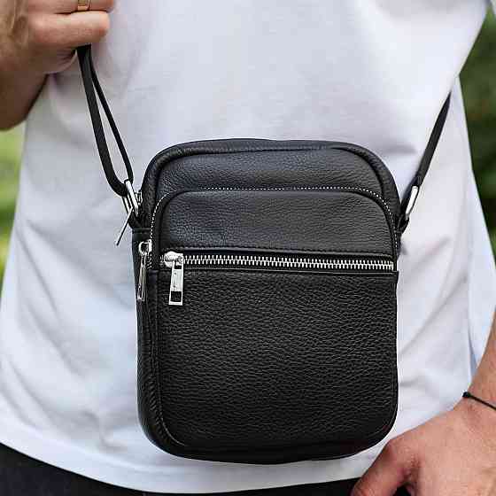 Мужская кожаная барсетка 21х17х7,компактный мессенджер для ежедневного использования, черный Киев