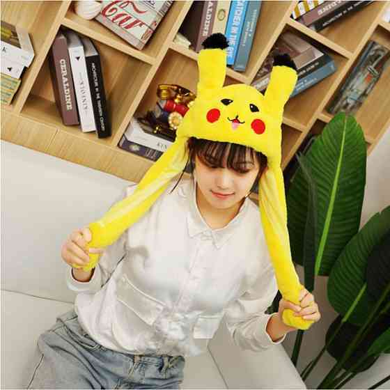 Шапка с шевелящимися ушами, Светящиеся шапки, Карнавальная шапка пикачу Светящаяся в темноте DC-13 Львов