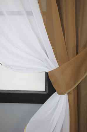 Кухонные шторы VR-Textil № 017к комбинированные с подвязками кофейный с белым 265х170 см (50-019) Киев