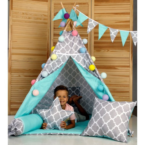 Вігвам Хатка комплект Сонце Бірюза із сірим із подушкою — Великий 150*150 см Київ - фото 1