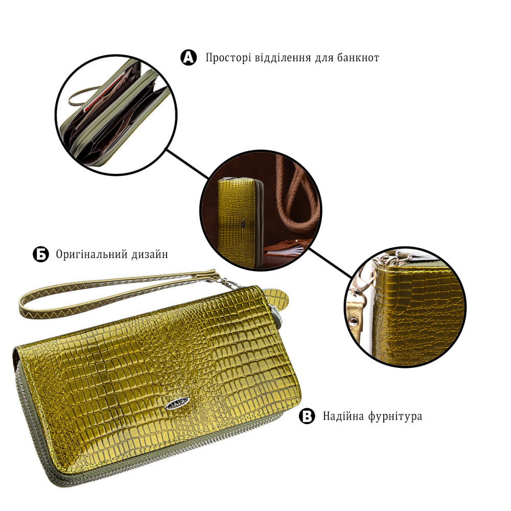 Кошелек женский из экокожи на две молнии лаковый KIVI Хамелеон 19023 Зеленый Киев - изображение 4