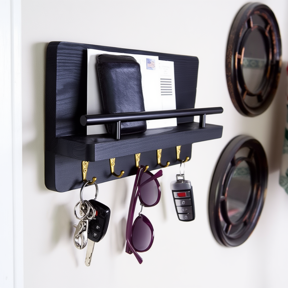 Полиця підвісна для зберігання дрібниць та аксесуарів, дерев'яна, для кухні, передпокою, ванної кімнати, 5 гачків, 30х18х7,5 см, Кам'янець-Подільський - фото 1