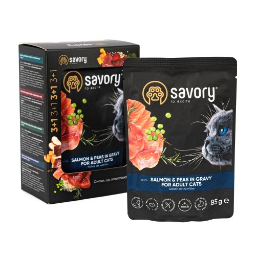 Набір паучів 3+1 Savory Adult Cat Salmon and Peas in Gravy для котів шматки в соусі з лососем та горохом 4х85 г Київ - фото 2