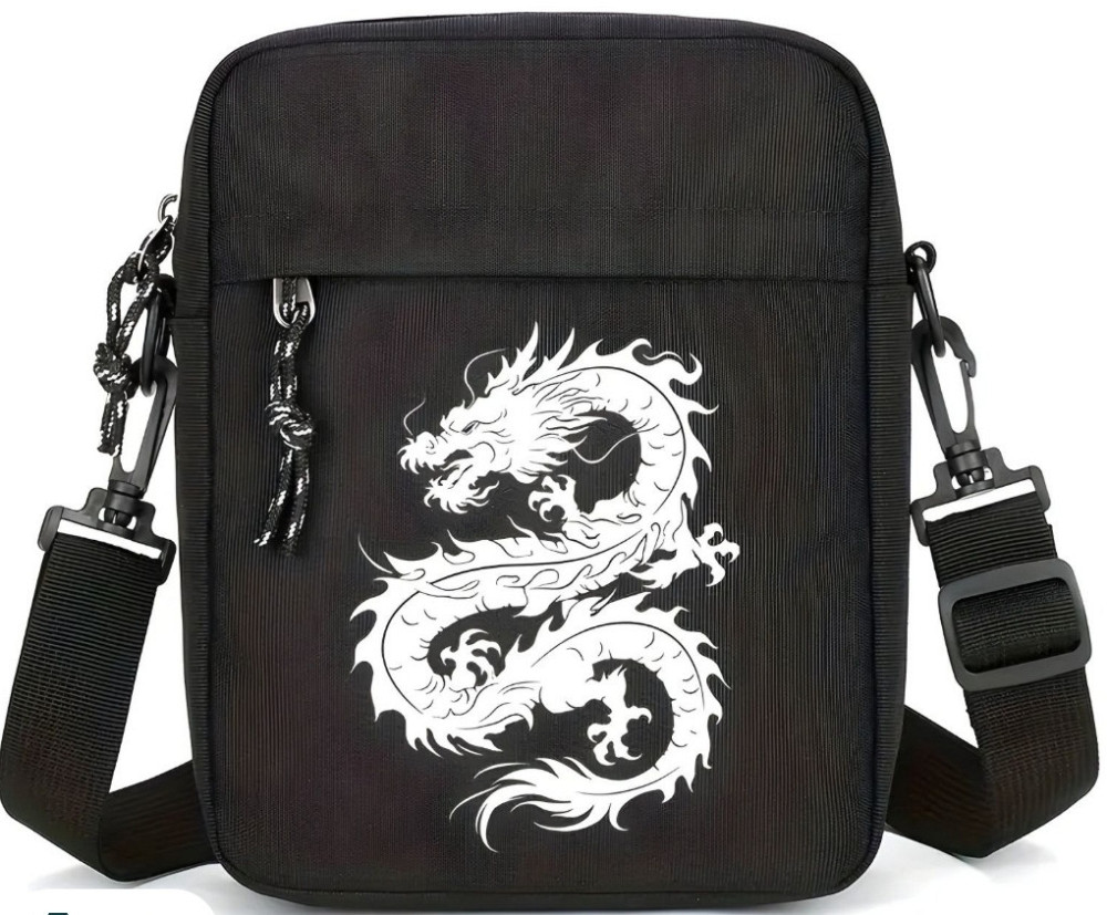 Стильна Чоловіча Чорна Сумка через Плече з принтом дракона. Харьков - изображение 1