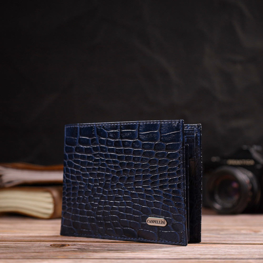 Красивий горизонтальний чоловічий гаманець середнього розміру з натуральної шкіри з тисненням під крокодила CANPELLINI 21861 Синій Київ - фото 6