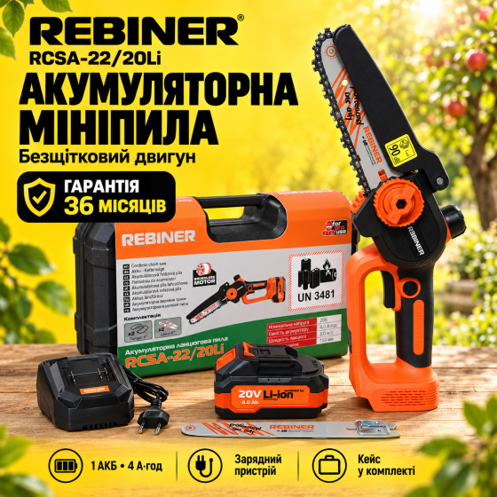 Аккумуляторная мини пила Rebiner 1 АКБ, 4 А/ч в кейсе, Бесщеточная аккумуляторная пила, Бесщеточная мини пила, Мини цепная пила Львов