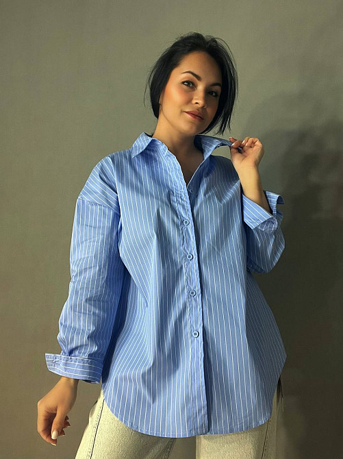 Сорочка жіноча A-N 25130 смужка оверсайз подовжена широка one size блакитна, блакитний, one size Київ - фото 1