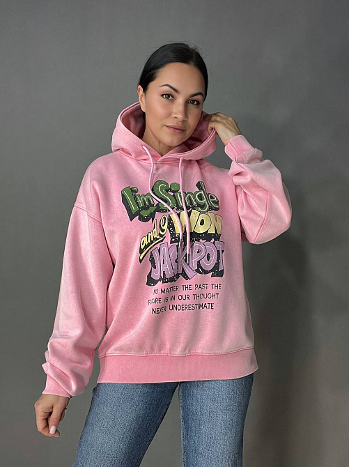 Худи женский A-N 25040 удлиненный оверсайз с капюшоном вареный дай цветная надпись впереди one size, розовый, one size Киев - изображение 8