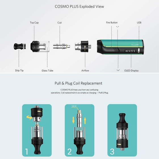 Вейп Мод Бокс VAPTIO Cosmo Plus Kit 1500 мАг 35 Вт з баком 2,0 мл, спіраллю 0,7 Ом / 1,6 Ом Київ