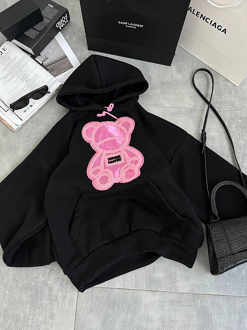 Жіноча тепла оверсайз худі з рожевим ведмедиком тринитка на флісі Одеса - фото 5