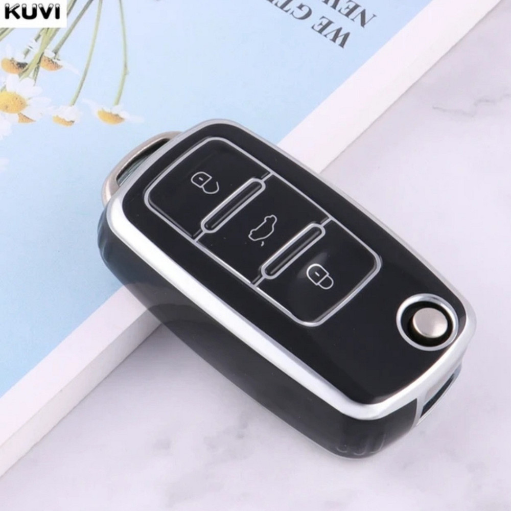 Чохол на автомобільні ключі Volkswagen Skoda 3 кнопки Чорний зі сріблом Сміла - фото 1