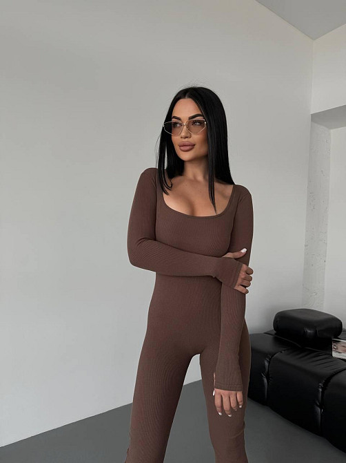 Жіночий стильний повсякденний комбінезон, щільний рубчик трикотаж. Шоколад, 46/48 Одеса - фото 6