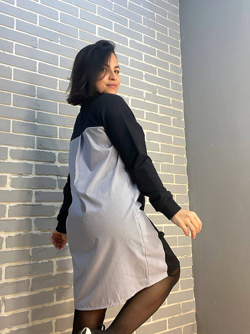 Платье женское KEYYMOD 34091 комбиновая рубашка мелкая полоска оверсайз средней длины темно синее, темно-синий, S Киев - изображение 4