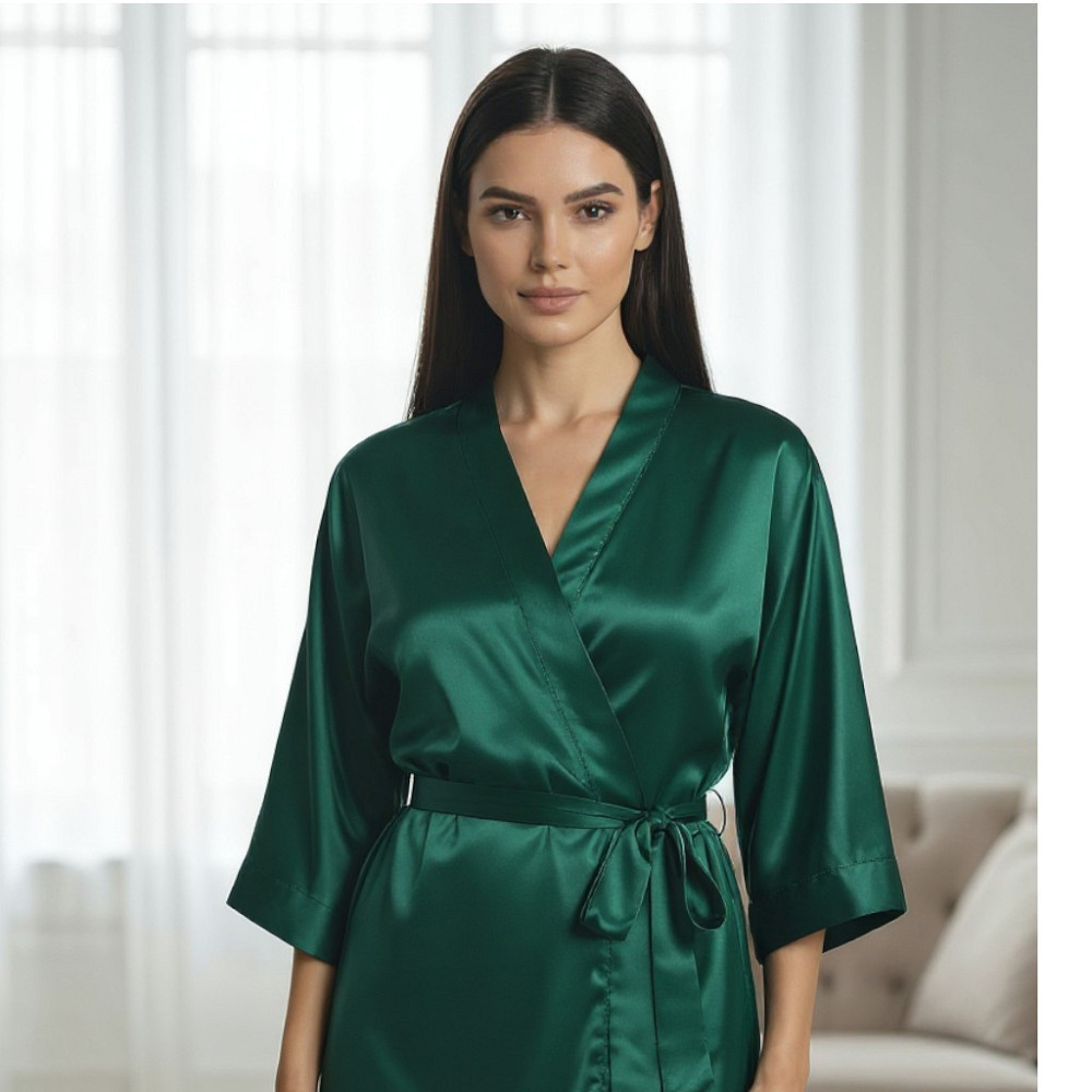 Халат жіночий шовковий під пояс довжина 90см Зелений 3XL/4XL Харків - фото 2