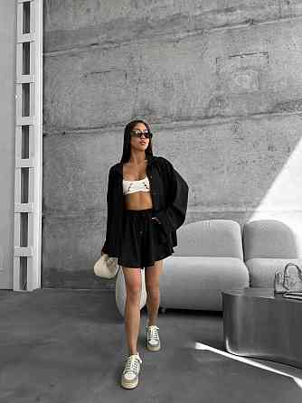 Жіночий літній оверсайз костюм-двійка: сорочка та шорти льон Чорний Одеса