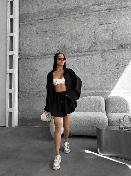 Женский летний прогулочный оверсайз костюм двойка: рубашка и шорты лен Черный Одесса - изображение 5