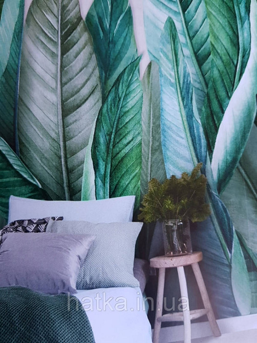 Шпалери вінілові Grandeco One roll one motif 2 A39501 панно рослини великі листки зелені на бежевому Київ - фото 1