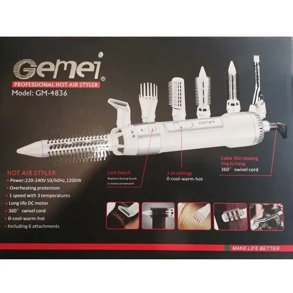 Фен для укладки волос GEMEI GM-4836 ,1200Вт , 1 скорость, 3 режима температуры, 6 насадок 7460 Киев - изображение 7